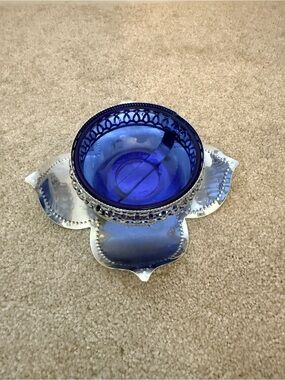 Blue Decorative Glass Bowl with Silver Plated Tray - Home Art
